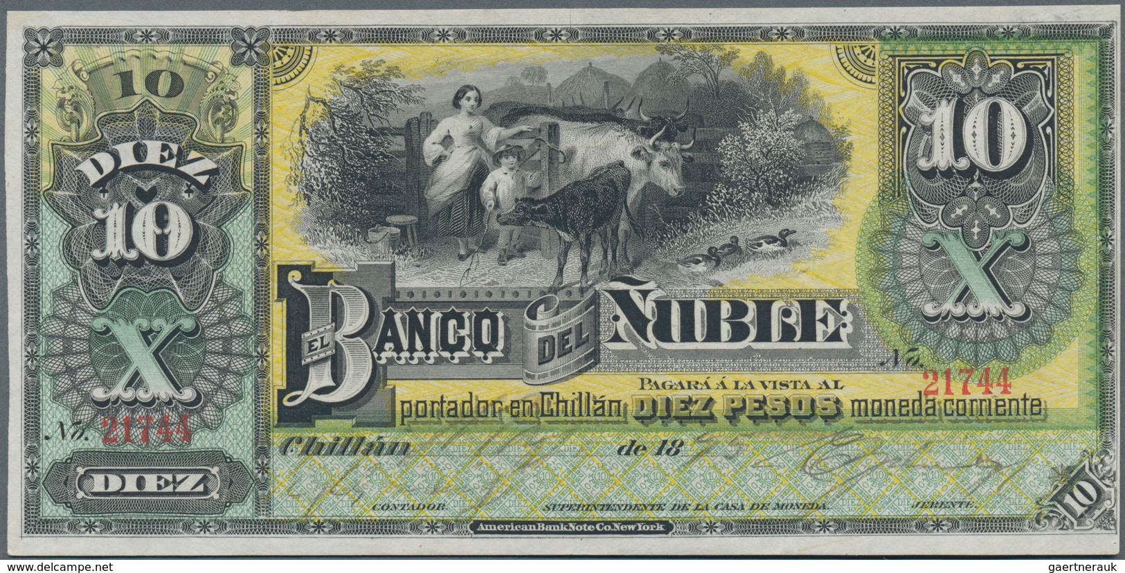 Chile: Banco Del Ñuble 10 Pesos 1885, P.S344, Extraordinary Rare As An Issued Note And In This Perfe - Chile