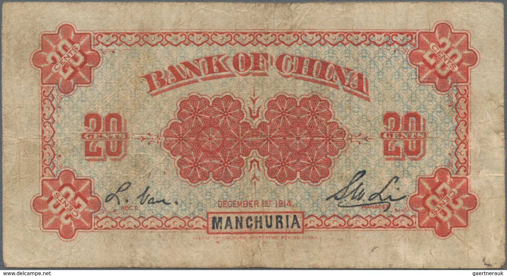 China: Bank Of China – MANCHURIA 20 Cents 1914, P.36a, Rare And Seldom Offered Banknote, Still Nice - China