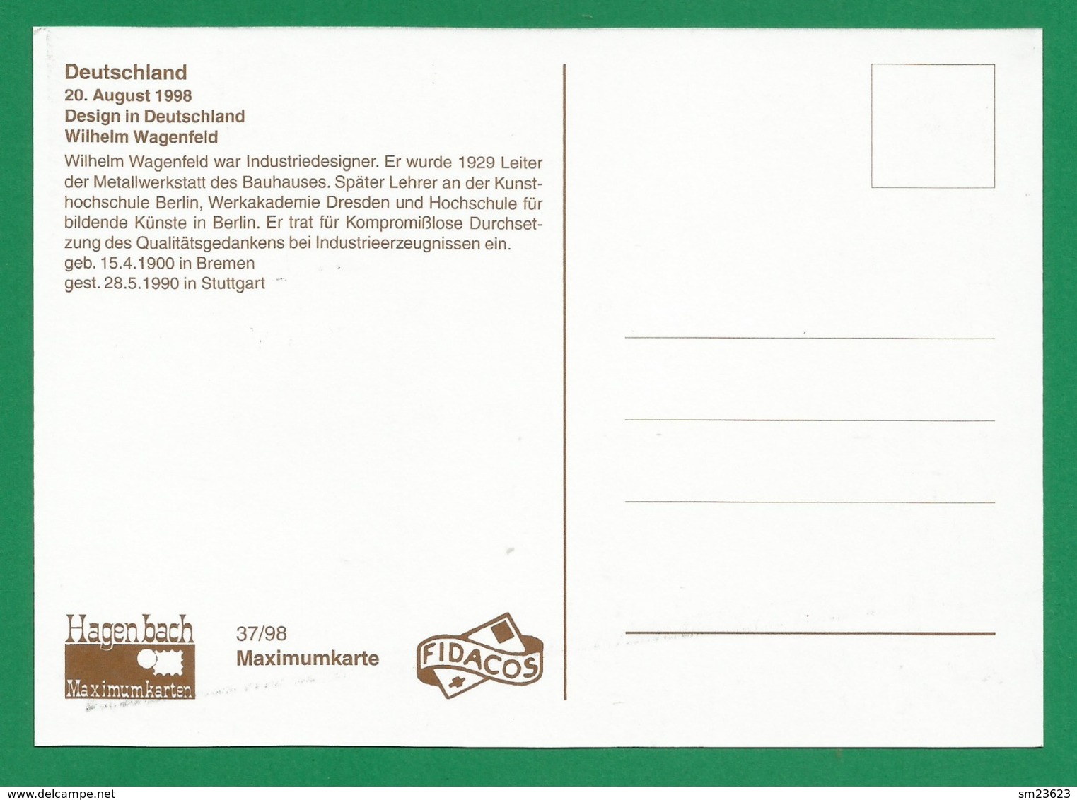 BRD 1998  Mi.Nr. 2003 , Wilhelm Wagenfeld - Design In Deutschland - Hagenbach Maximum Card - Stempel Bonn 20.08.1998 - Other & Unclassified