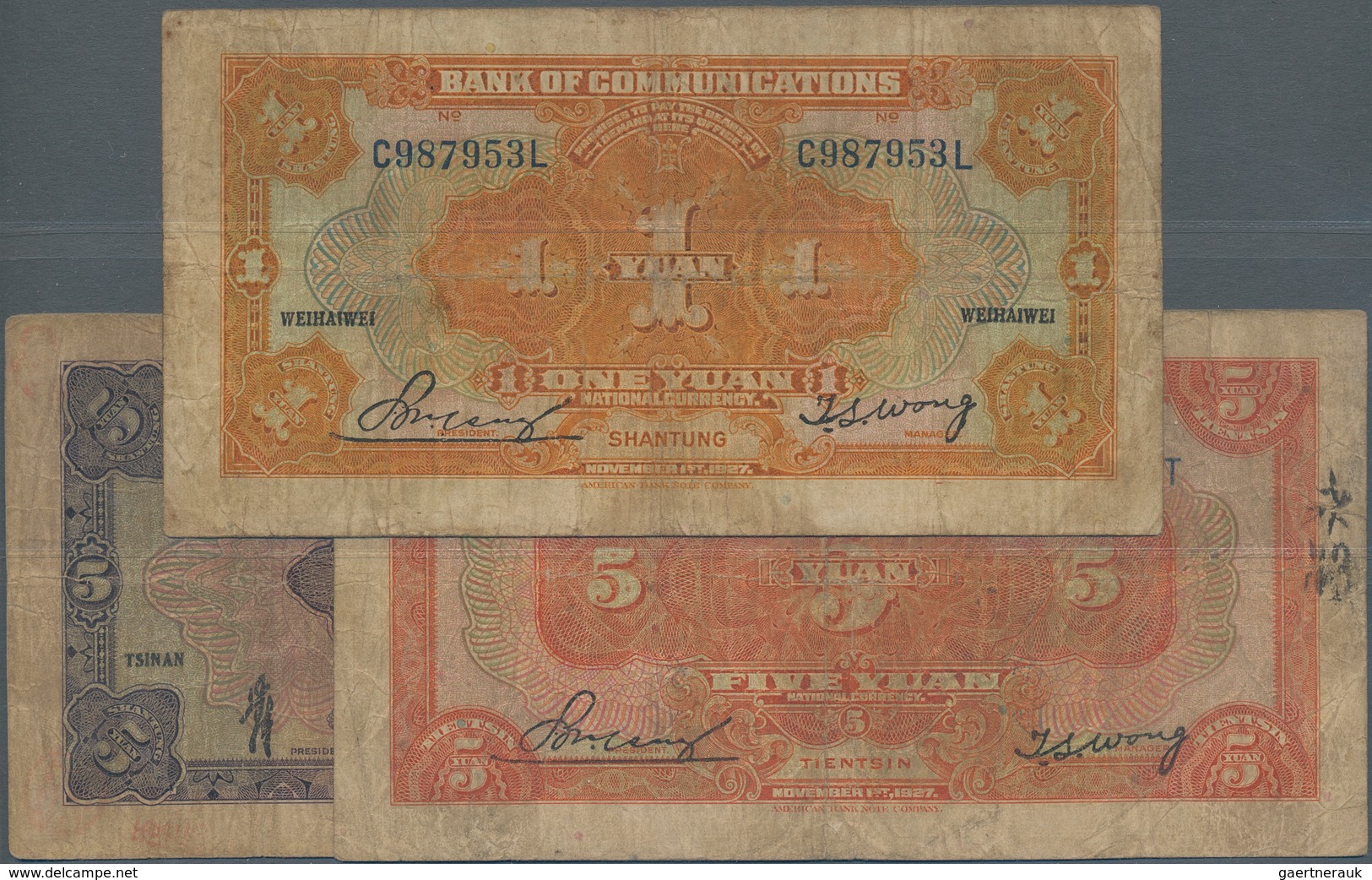 China: Bank Of Communications Set With 3 Banknotes Comprising 1 Yuan 1917 Place Of Issue WEIHAWEI An - China