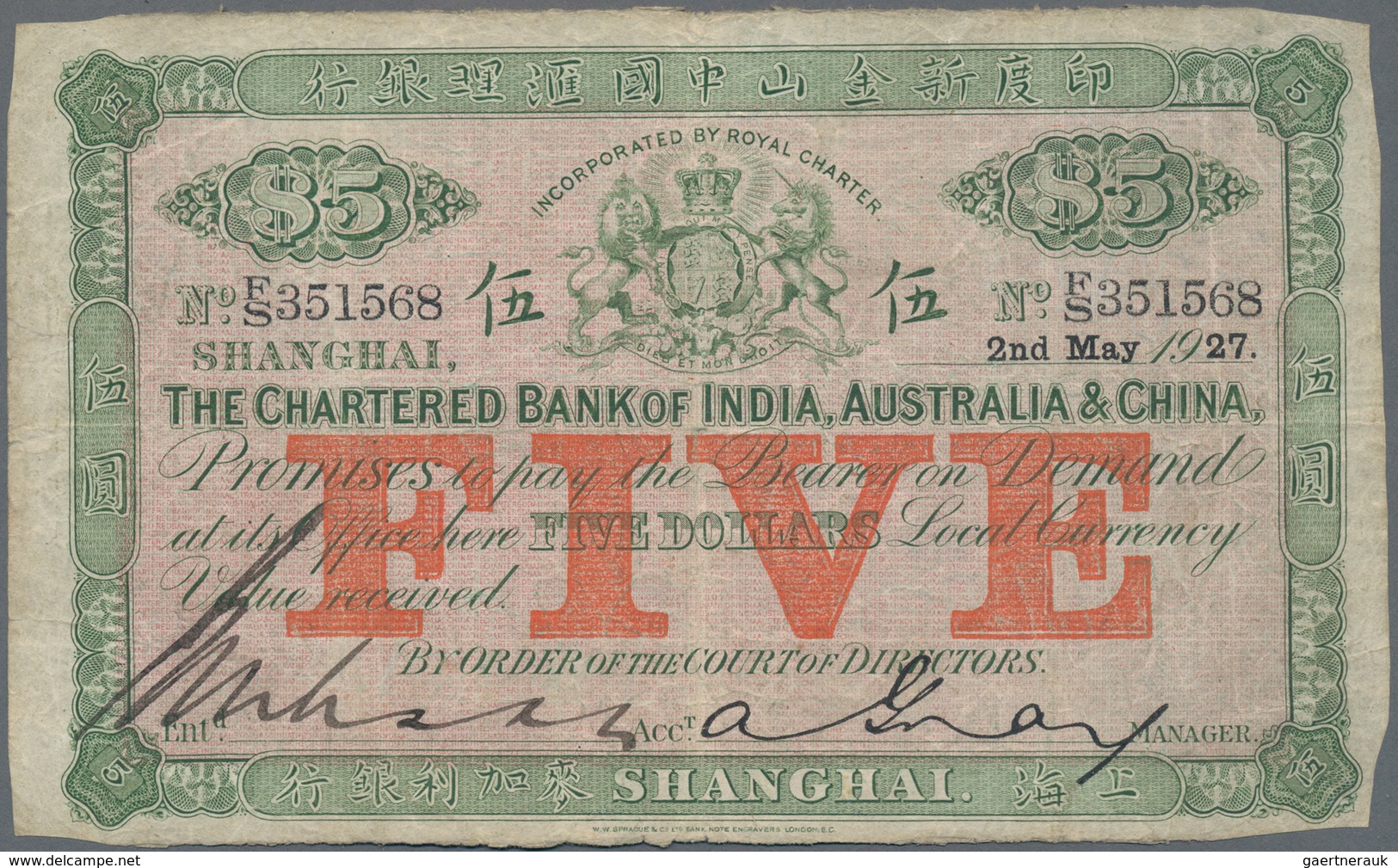 China: Chartered Bank Of India, Australia & China 5 Dollars May 2nd 1927, P.S184, Still Nice With A - China