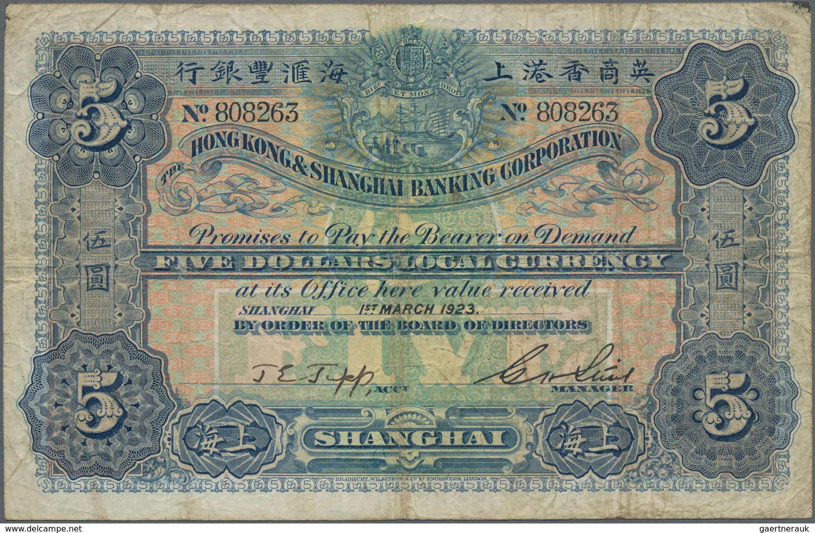 China: Hong Kong & Shanghai Banking Corporation, SHANGHAI Branch, 5 Dollars 1923, P.S353, Highly Rar - China