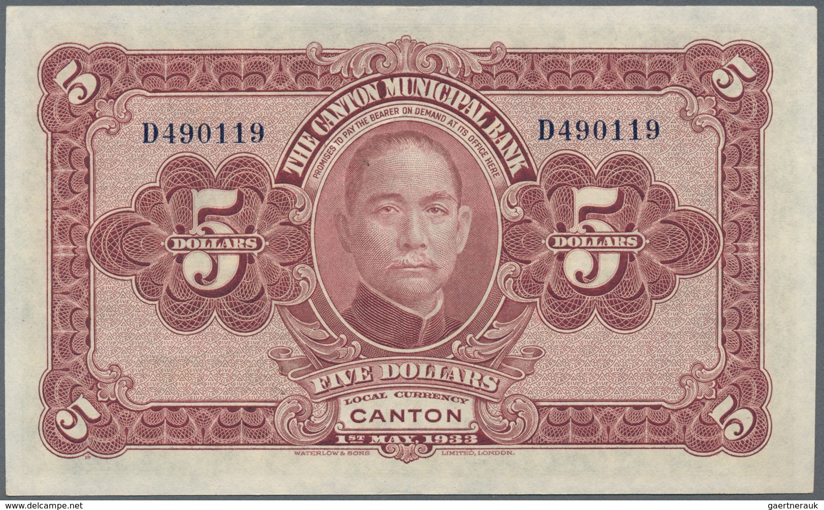 China: Canton Municipal Bank 5 Dollars 1933, P.S2279b With Signatures In Chinese On Front Without Si - China