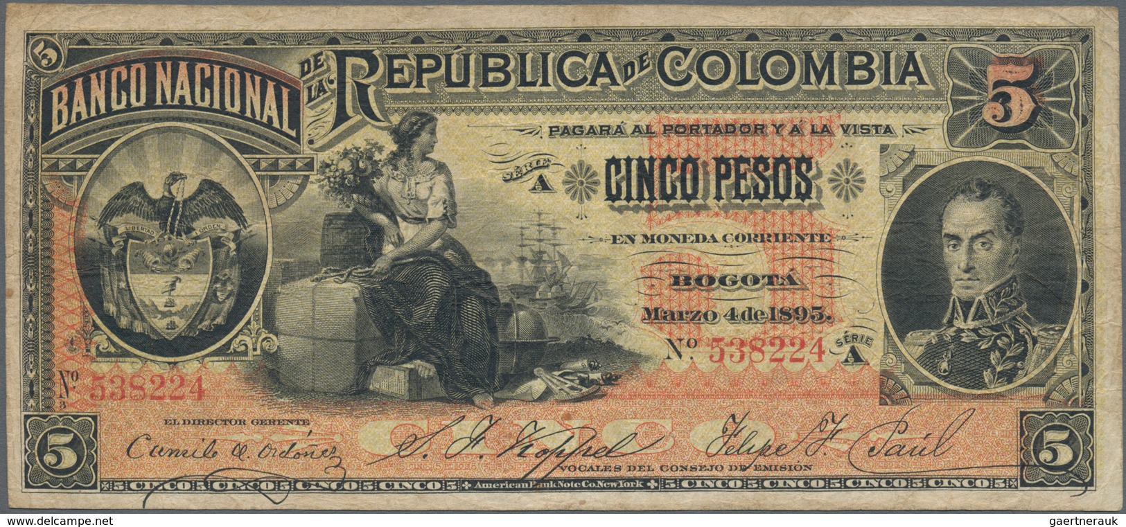 Colombia / Kolumbien: Banco Nacional De La República De Colombia 5 Pesos 1895, P.235, Great Conditio - Kolumbien