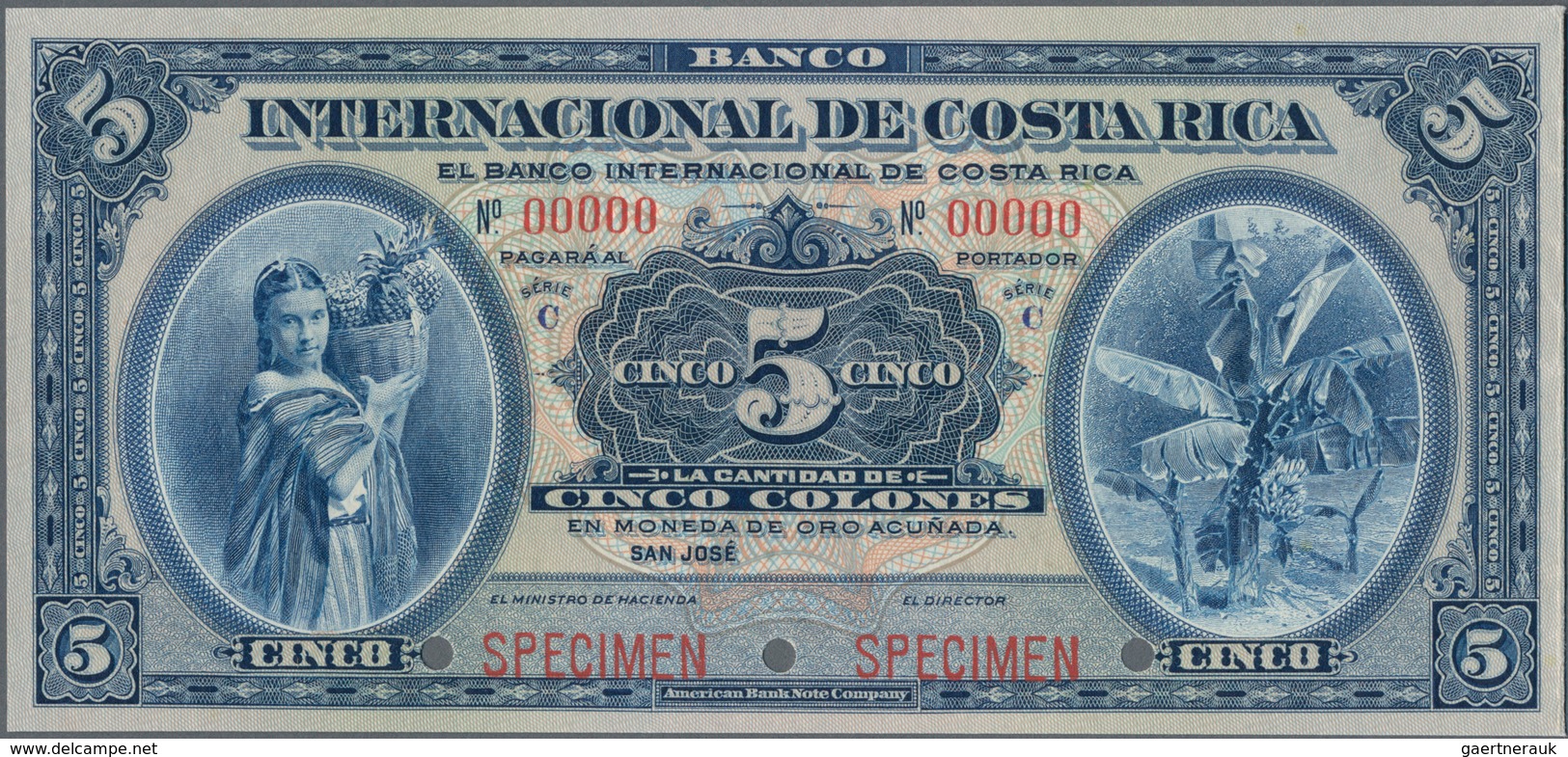 Costa Rica:  Banco Internacional De Costa Rica 5 Colones 1919-30 SPECIMEN, P.174s, Punch Hole Cancel - Costa Rica