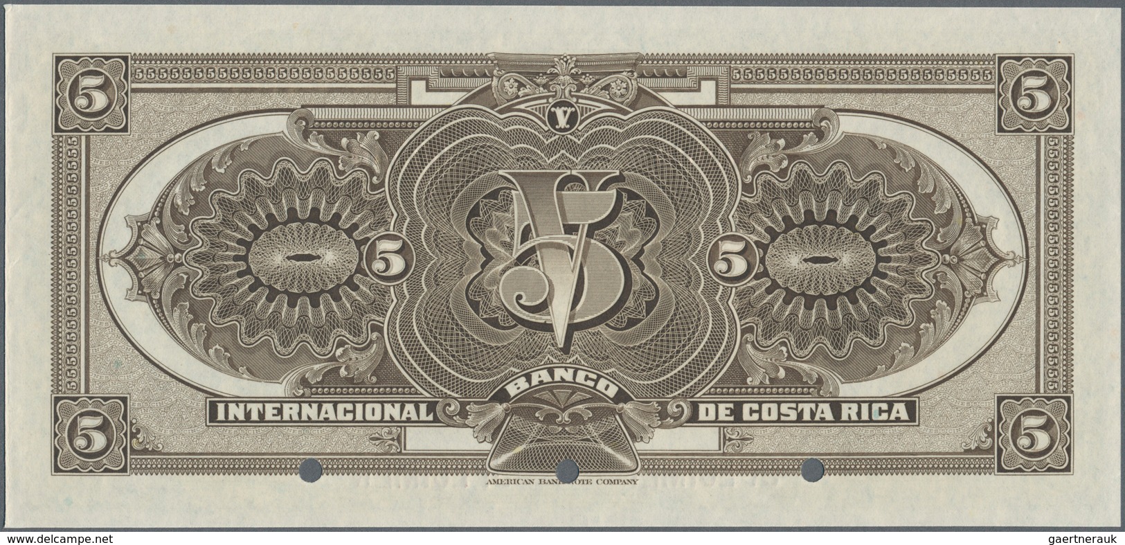 Costa Rica:  Banco Internacional De Costa Rica 5 Colones 1919-30 SPECIMEN, P.174s, Punch Hole Cancel - Costa Rica