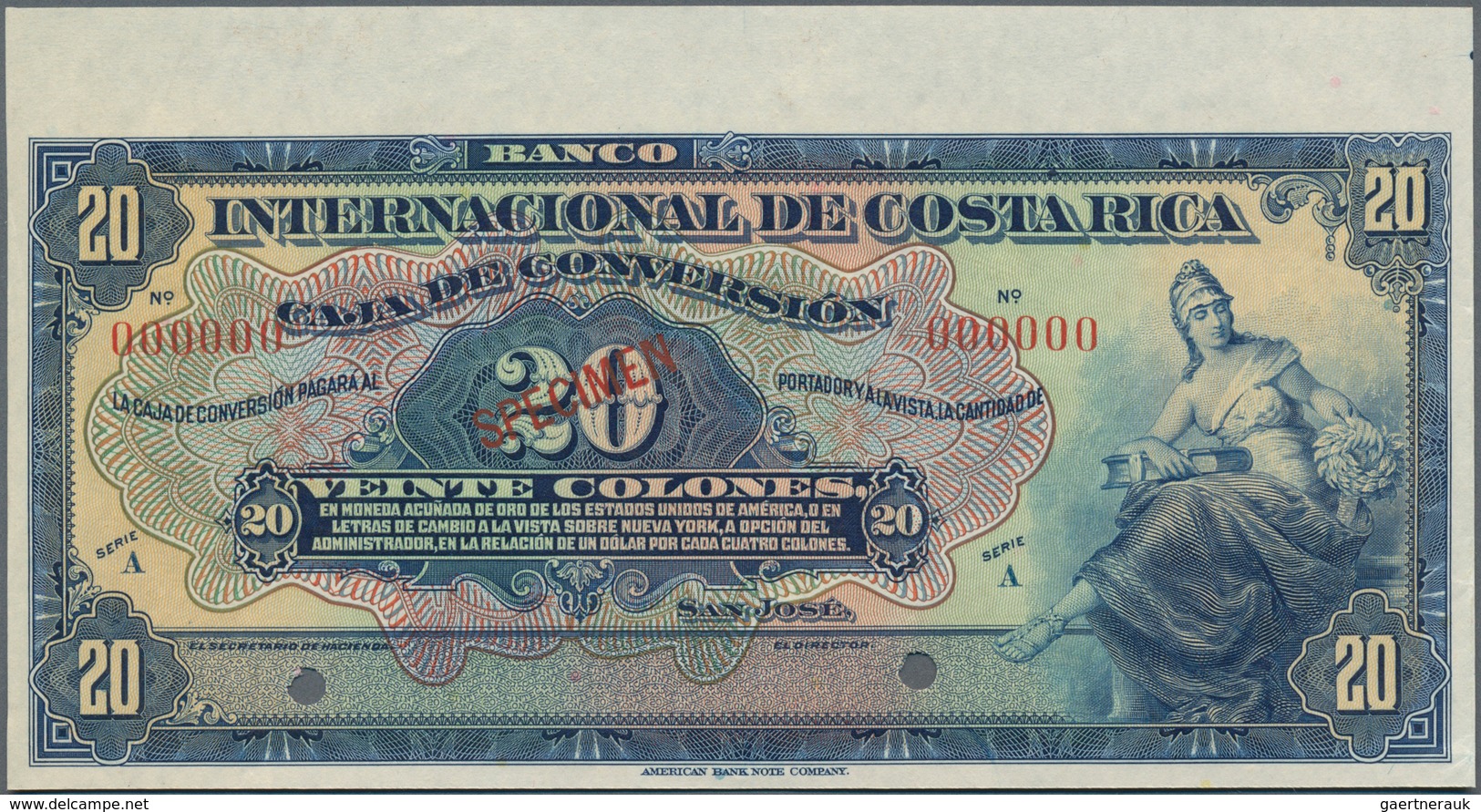 Costa Rica:  Banco Internacional De Costa Rica - Caja De Conversión 20 Colones 1924-28 SPECIMEN, P.1 - Costa Rica
