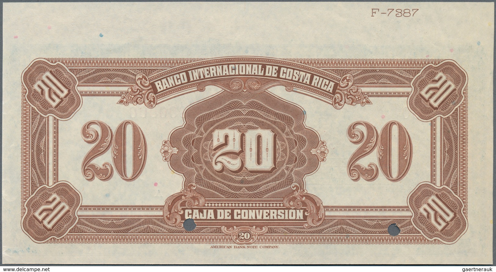 Costa Rica:  Banco Internacional De Costa Rica - Caja De Conversión 20 Colones 1924-28 SPECIMEN, P.1 - Costa Rica