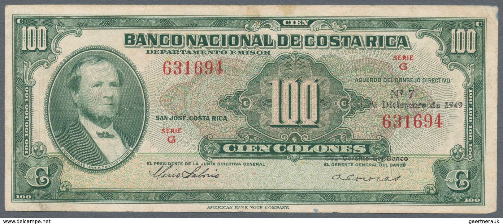 Costa Rica: Banco Nacional De Costa Rica 100 Colones December 21st 1949, P.212a, Stronger Center Fol - Costa Rica