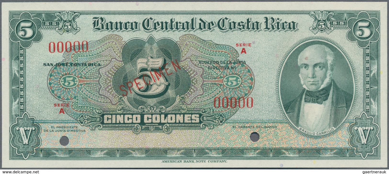 Costa Rica: Banco Central De Costa Rica 5 Colones 1951-58 SPECIMEN, P.220s In Perfect UNC Condition. - Costa Rica