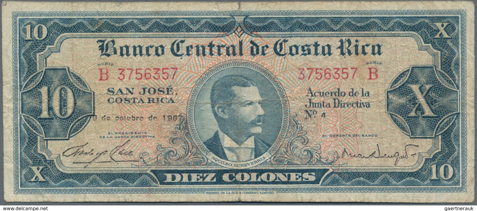 Costa Rica: Pair With 10 Colones 1967 P.221c (F-/F) And 20 Colones 1962 P.229 (VF+). (2 Pcs.) - Costa Rica