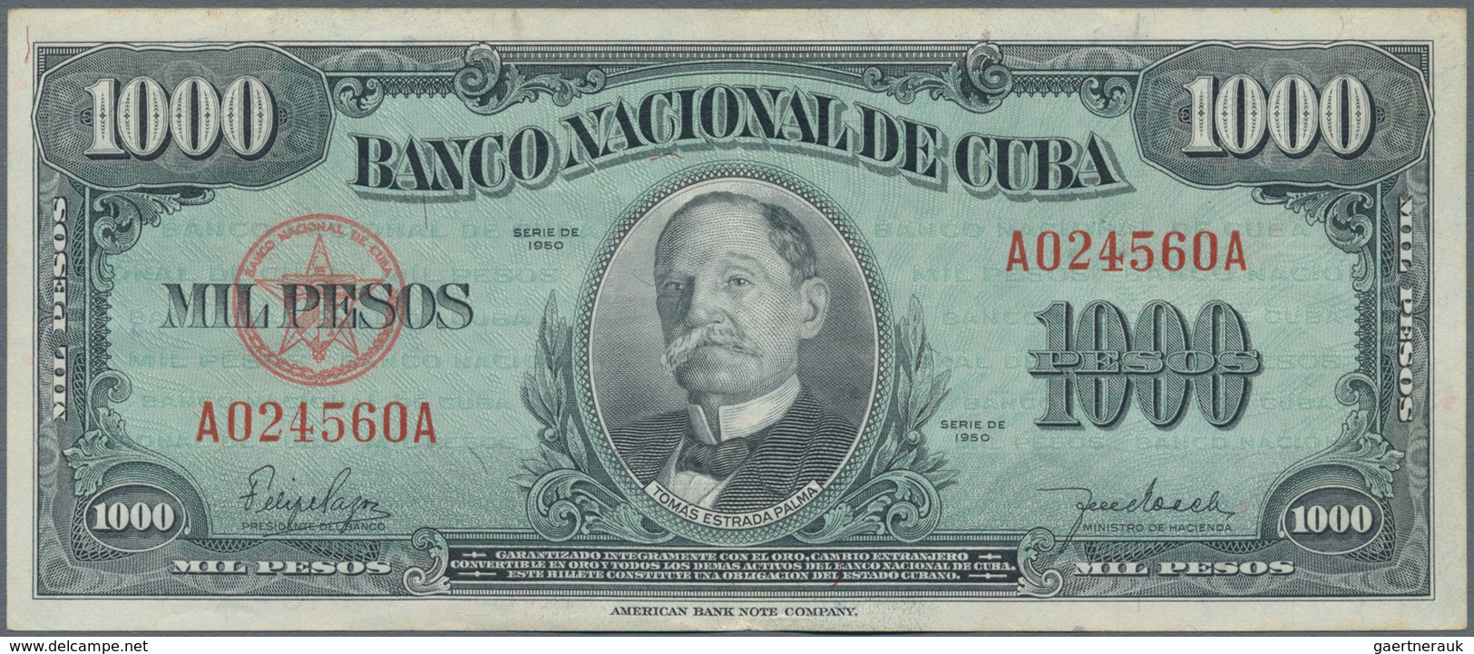 Cuba: Pair With 10 Pesos 1938 P.71d (F-/F) And 1000 Pesos 1950 P.84a (VF+). (2 Pcs.) - Cuba