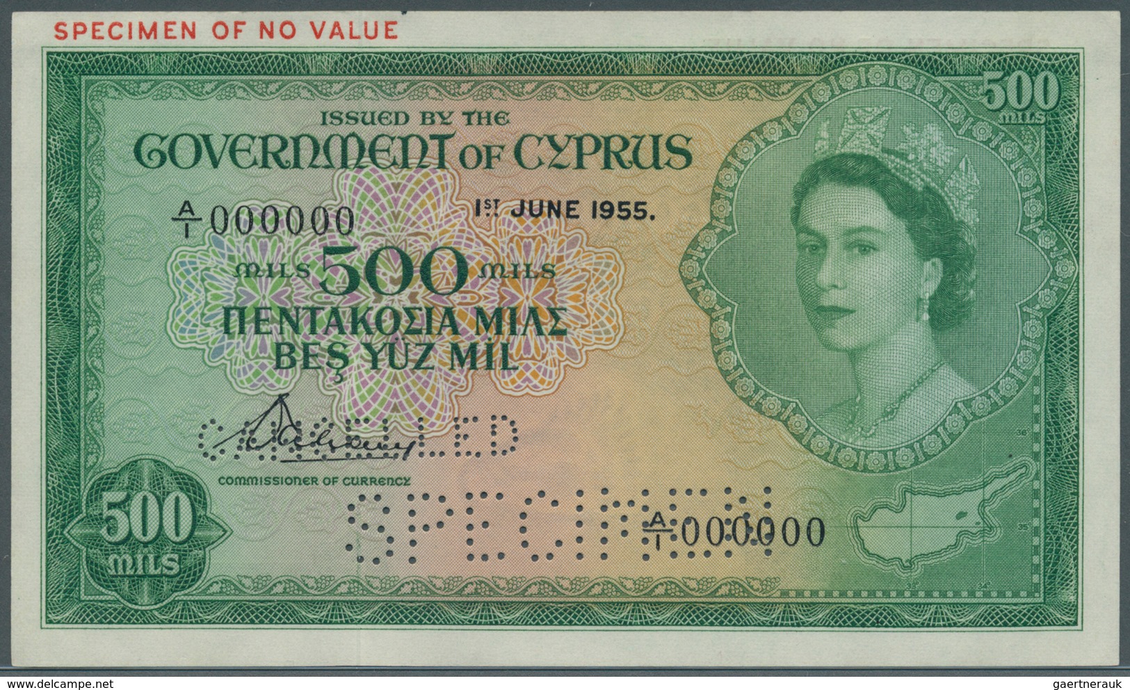 Cyprus / Zypern: 500 Mil 1955 SPECIMEN, P.34as With A Tiny Dint At Upper Right Corner, Otherwise Per - Chipre
