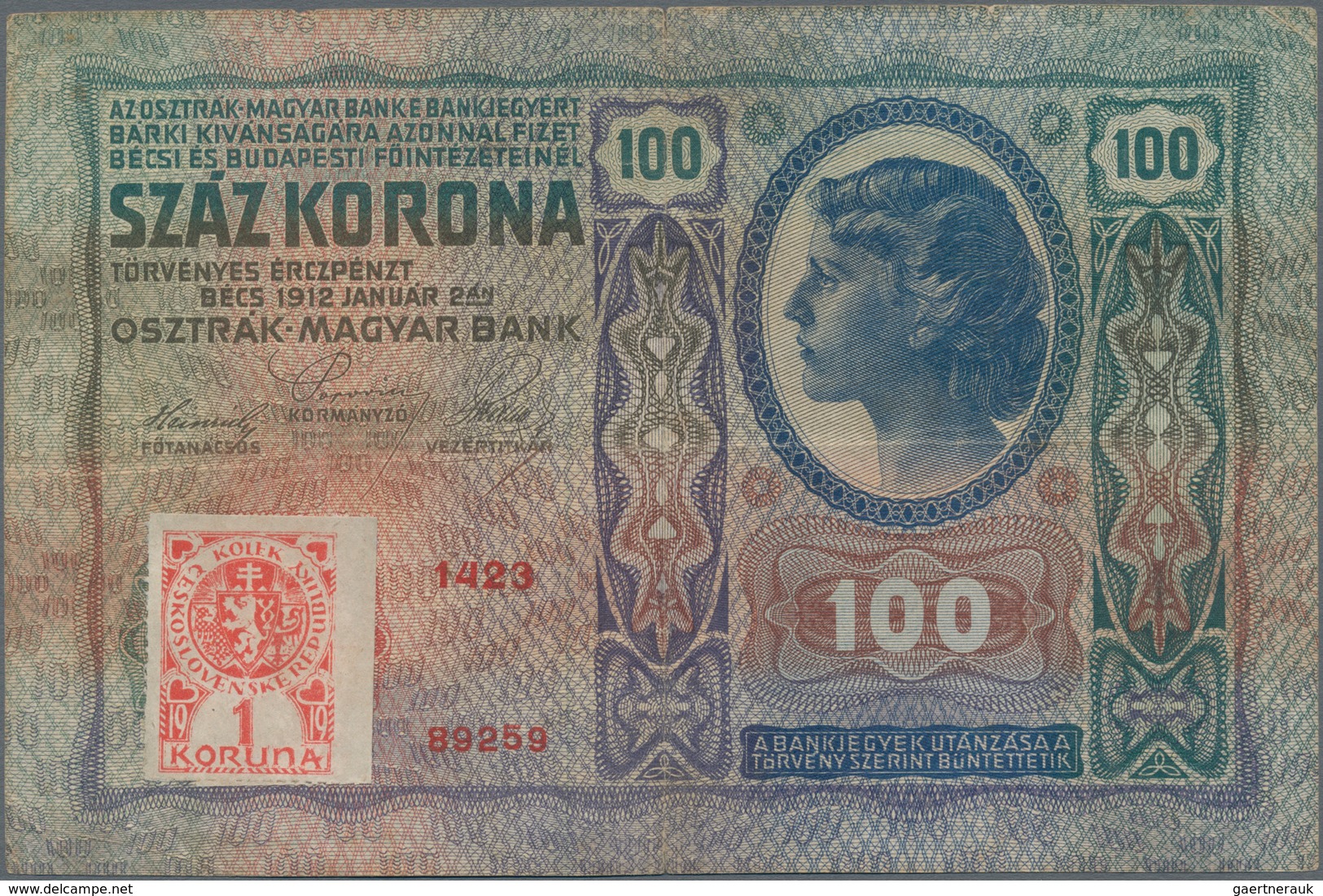 Czechoslovakia / Tschechoslowakei: 100 Korun 1912 (1919) With Adhesive Stamp At Lower Left, P.4a, Ti - Checoslovaquia