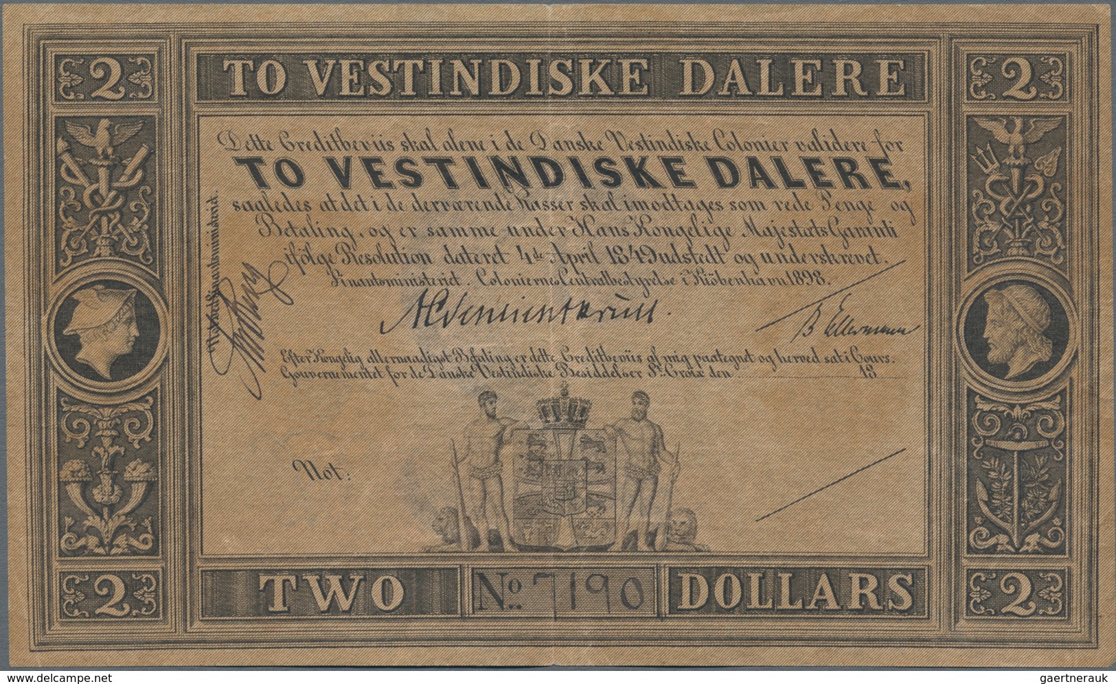 Danish West Indies / Dänisch Westindien: 2 Westindiske Dalere L.1849 (1898) Remainder, P.8r, Very Ni - Dänemark