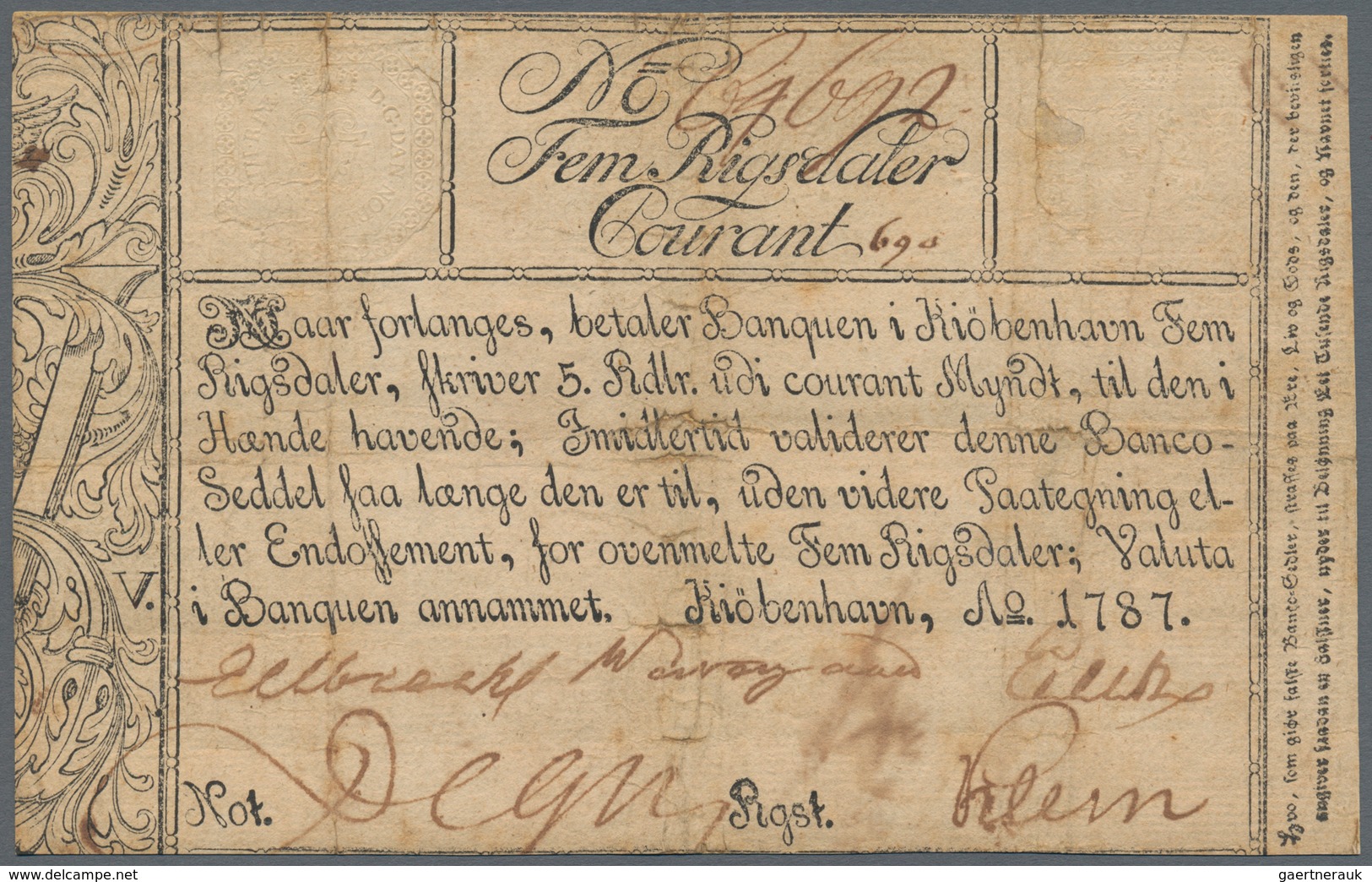 Denmark  / Dänemark: Banquen I Kiöbenhavn 5 Rigsdaler 1787, P.A29, Restored And Backed With Cardboar - Dinamarca