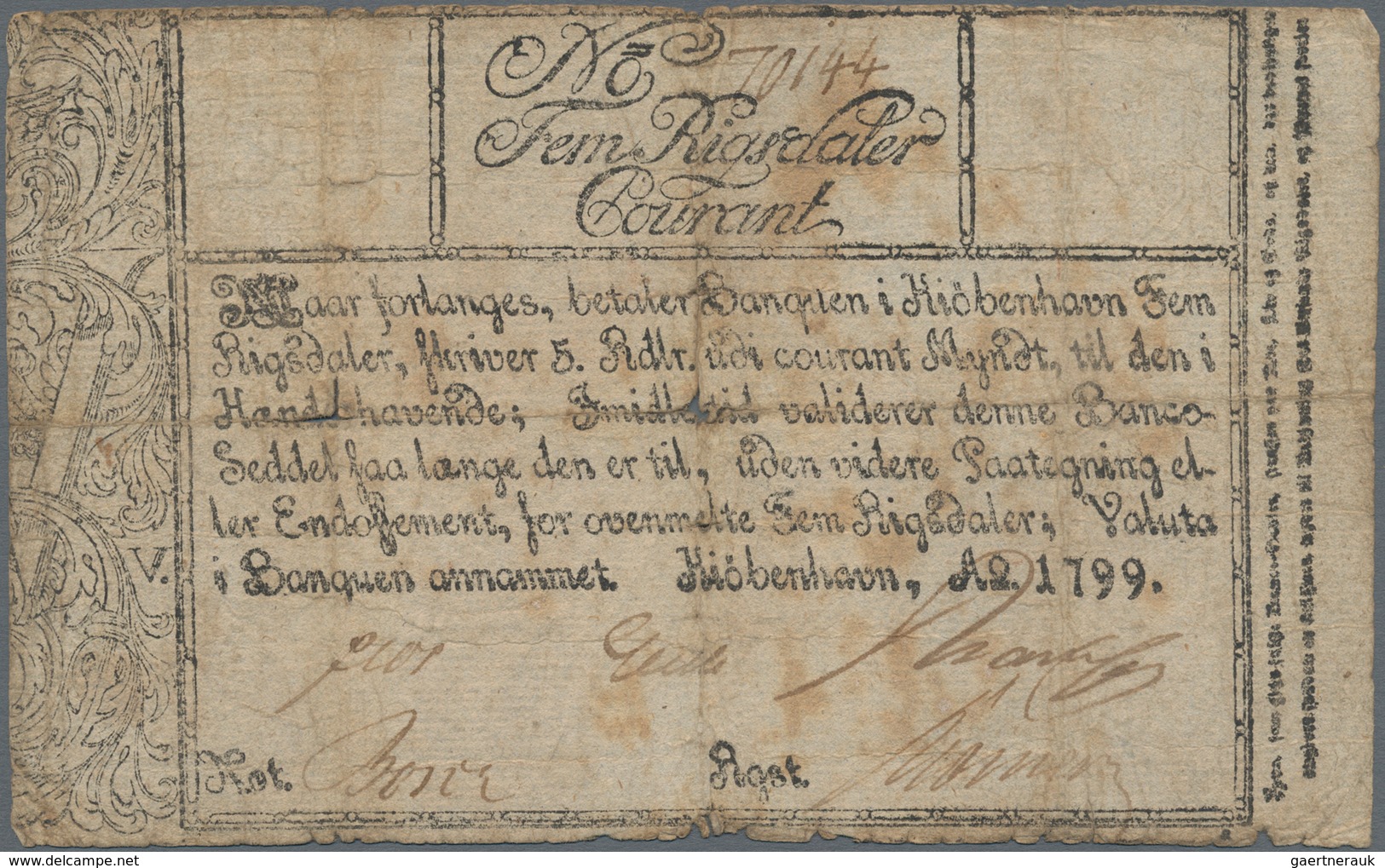 Denmark  / Dänemark: 5 Rigsdaler Courant 1799, P.A29b, Great Condition For The Age Of The Note, Tape - Dänemark