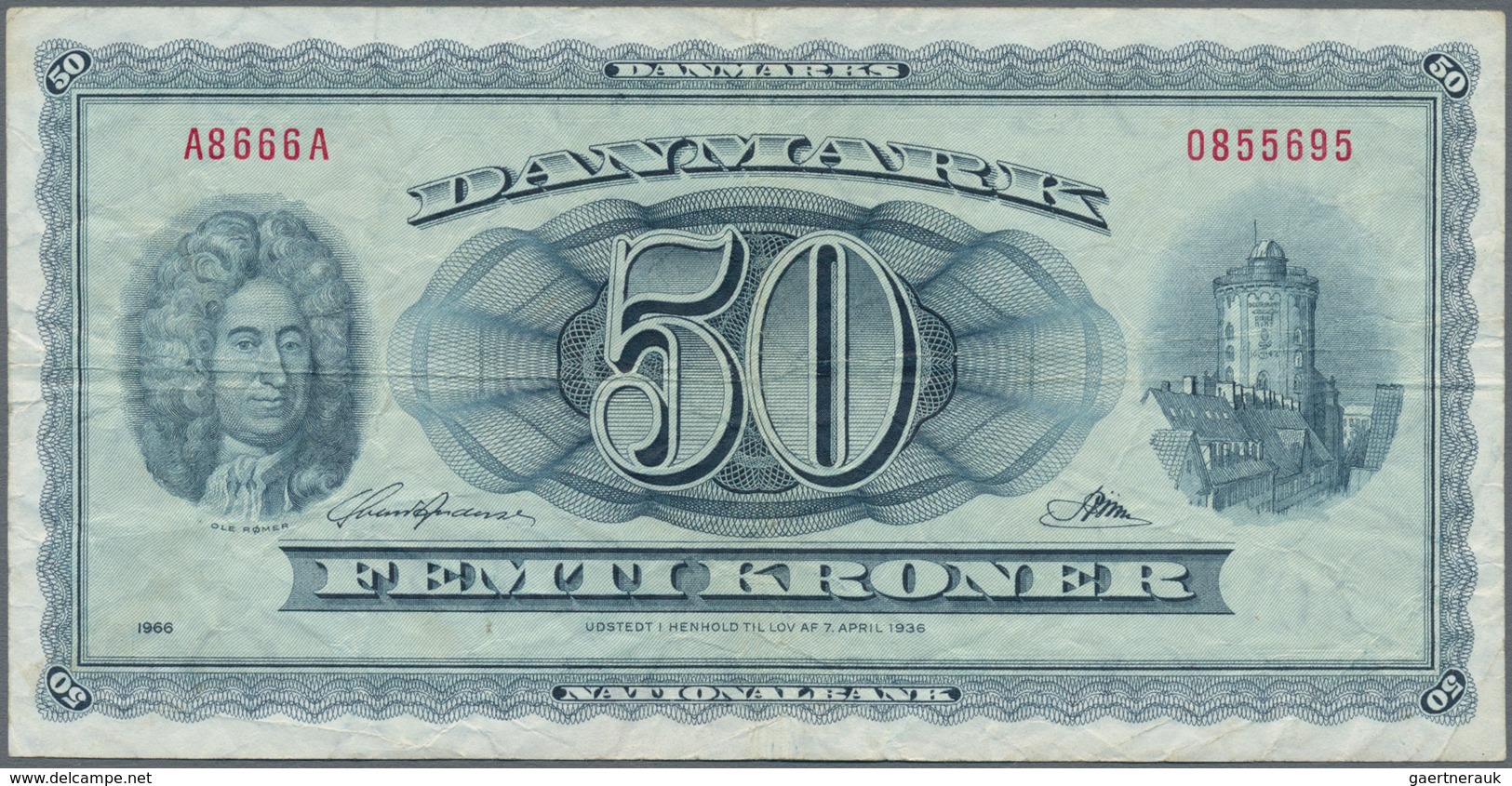 Denmark  / Dänemark: Pair With 1 Krone 1921 P.12g (F+) And 50 Kroner 1966 P.45a (F+). (2 Pcs.) - Dinamarca