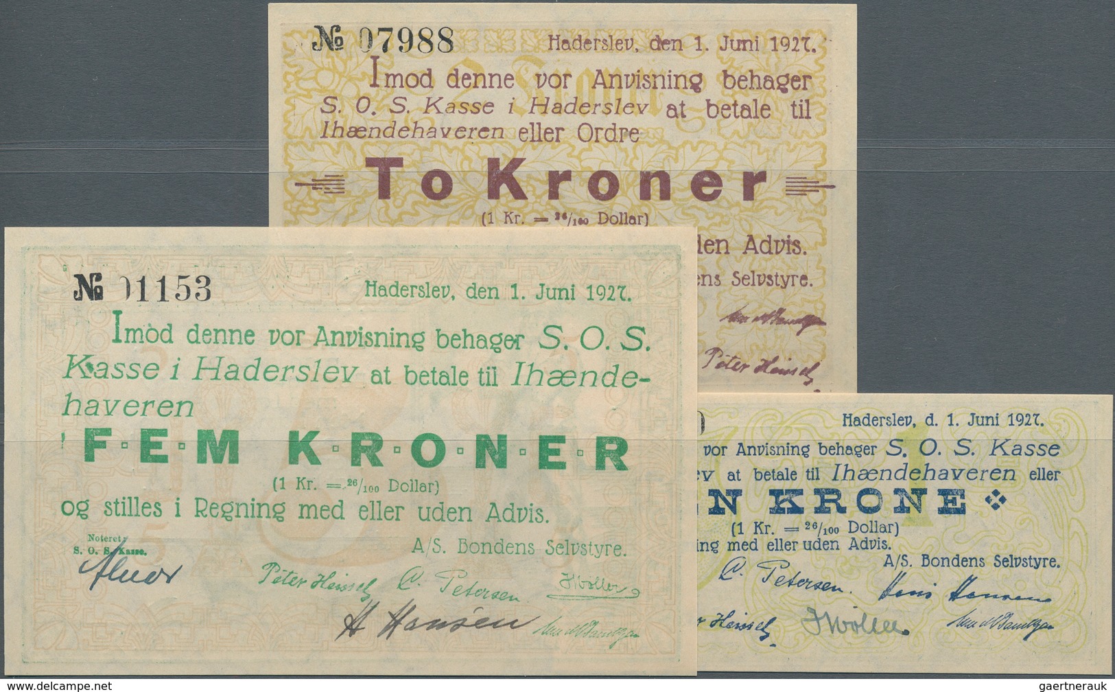 Denmark  / Dänemark: Set With 3 Banknotes HADERSLEV With 1, 2 And 5 Kroner 1927, P. NL In UNC Condit - Dinamarca