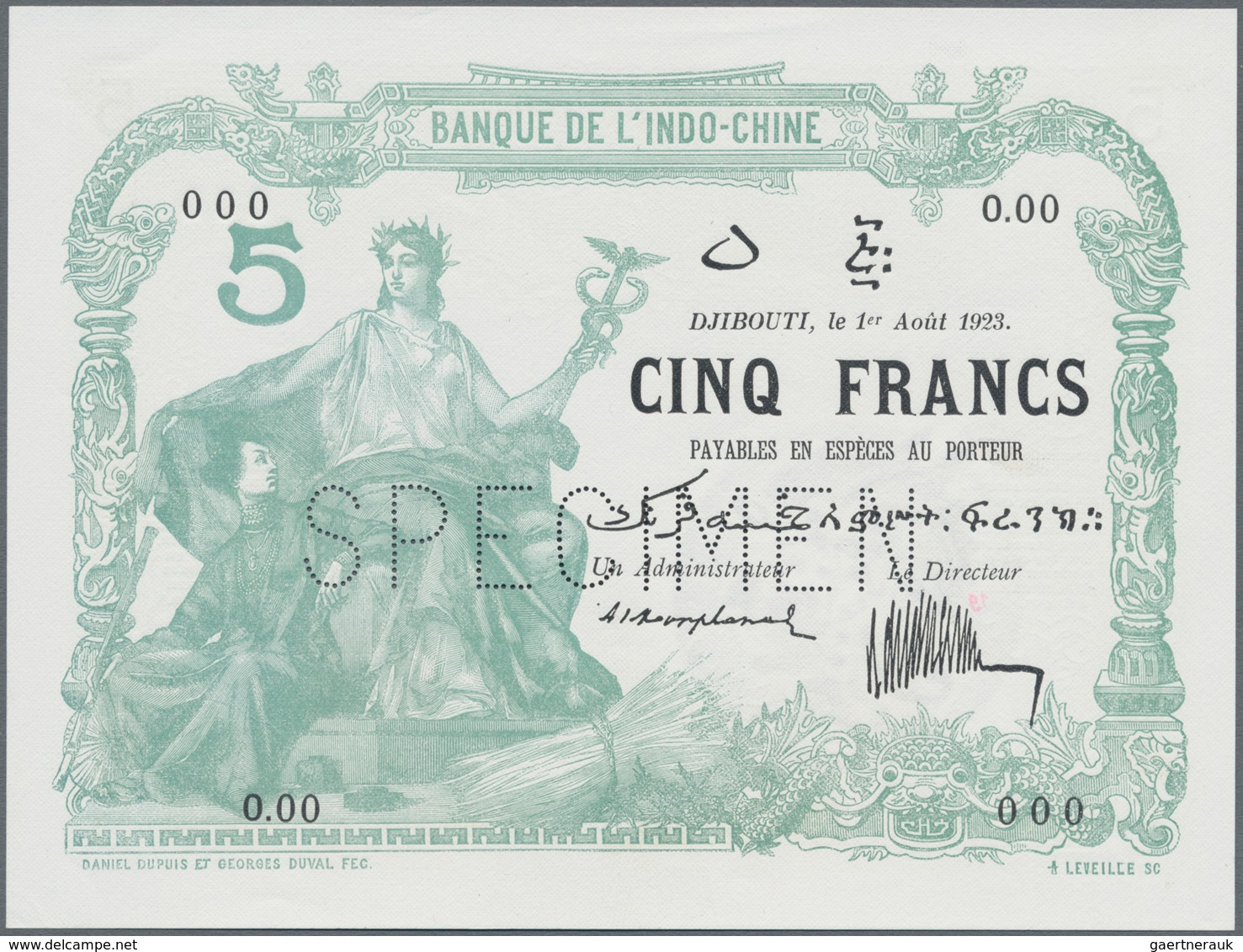 Djibouti / Dschibuti: Djibouti – French Somaliland, Banque De L'Indo-Chine 5 Francs 1923 SPECIMEN, P - Dschibuti