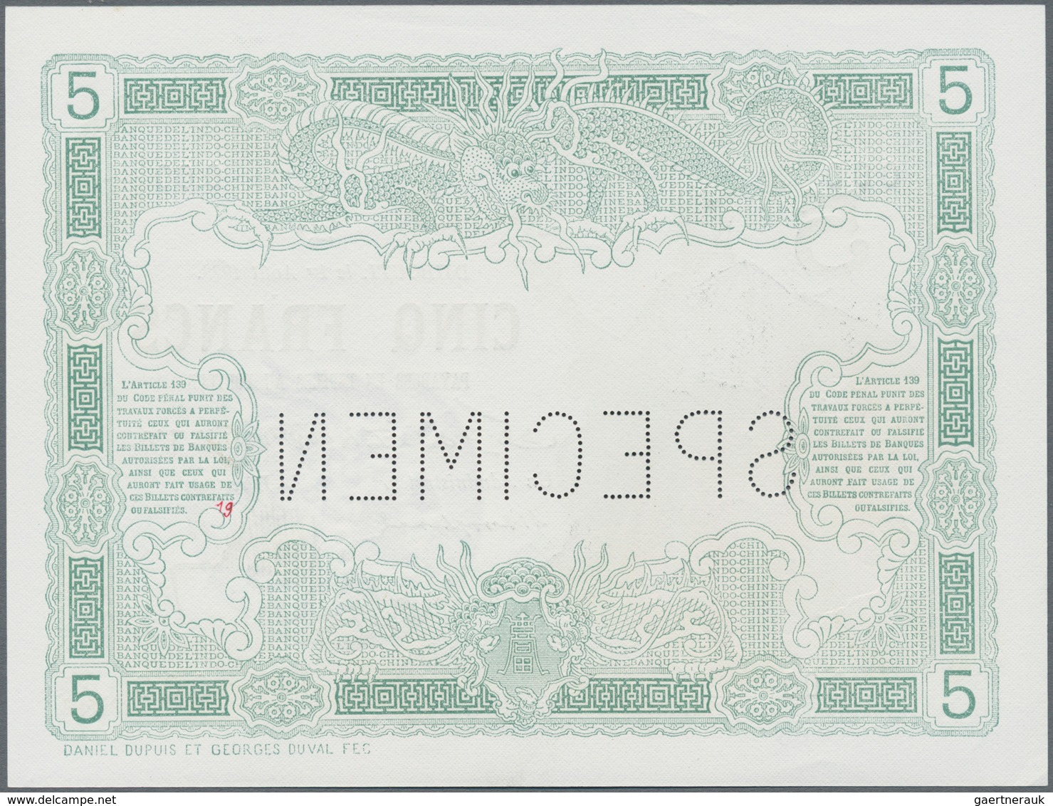 Djibouti / Dschibuti: Djibouti – French Somaliland, Banque De L'Indo-Chine 5 Francs 1923 SPECIMEN, P - Djibouti