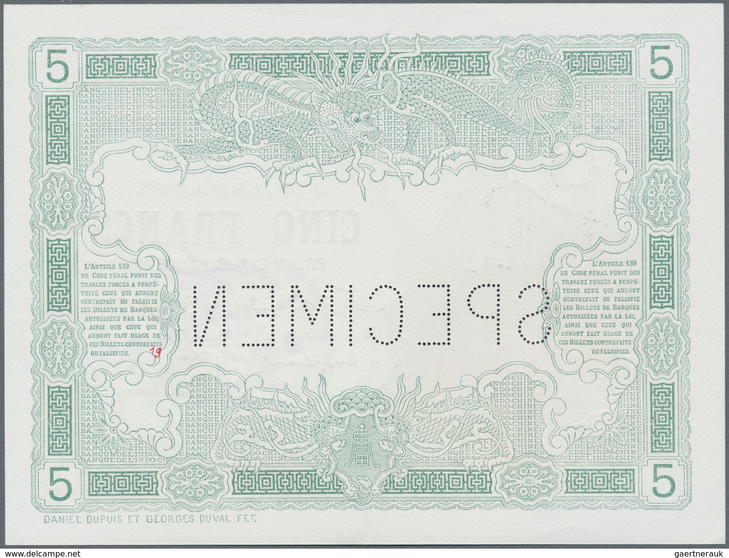 Djibouti / Dschibuti: Djibouti – French Somaliland, Banque De L'Indo-Chine 5 Francs 1923 SPECIMEN, P - Dschibuti