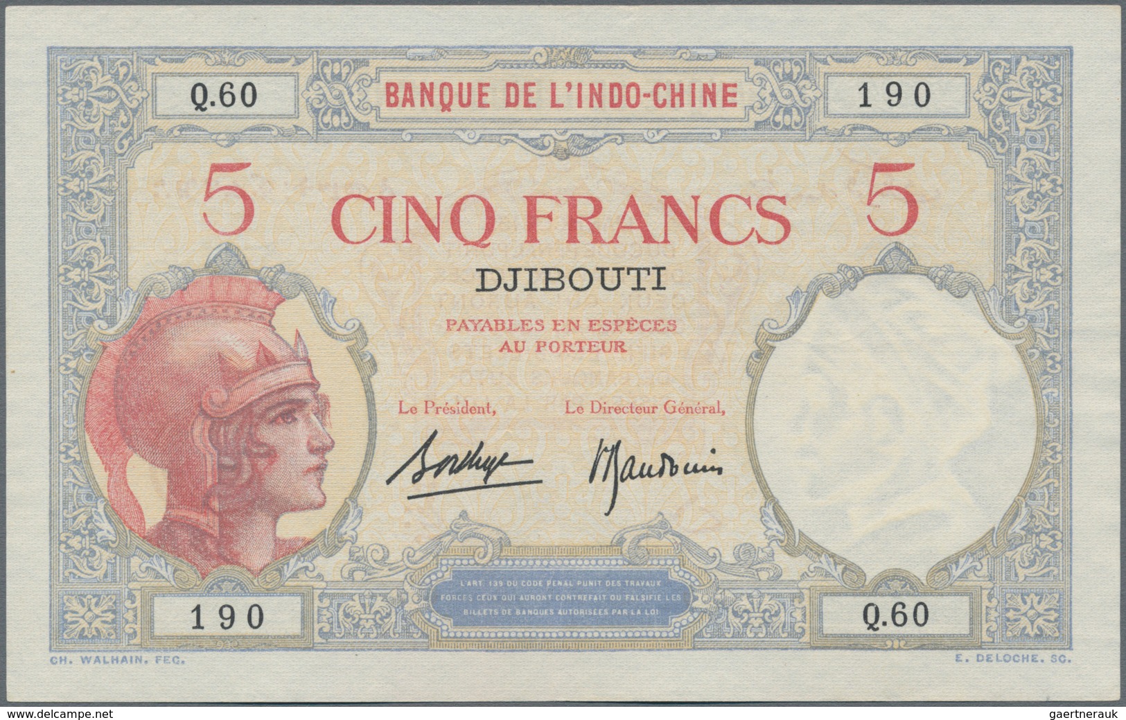 Djibouti / Dschibuti: Banque De L'Indochine – DJIBOUTI 5 Francs ND(1928-38), P.6b, Almost Perfect Co - Dschibuti