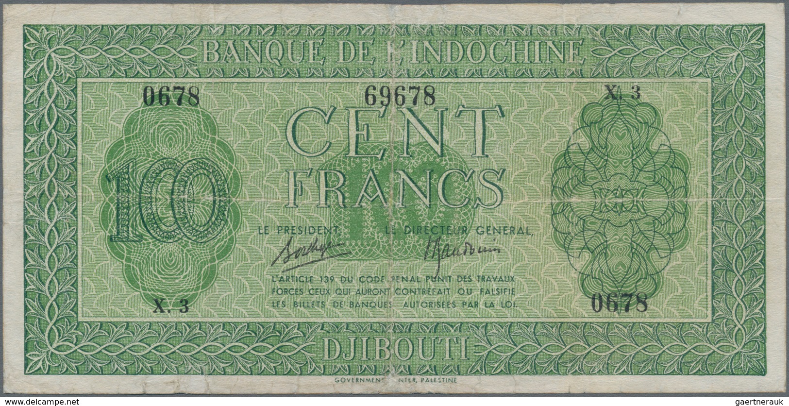 Djibouti / Dschibuti: Banque De L'Indochine 100 Francs ND(1945), P.16, Several Folds, Tiny Pinholes - Dschibuti