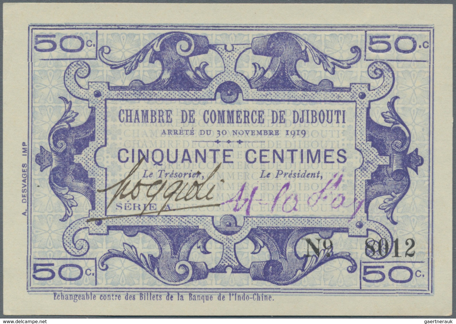 Djibouti / Dschibuti: Chambre De Comerce De Djibouti 50 Centimes L.30.11.1919, P.23 In Perfect UNC C - Dschibuti