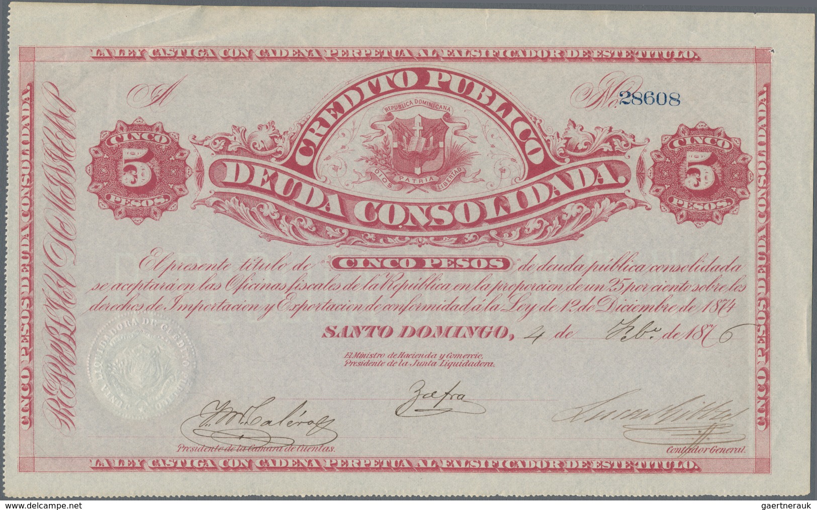 Dominican Republic / Dominikanische Republik: Pair With 5 And 10 Pesos Crédito Público 1875/76, P.S1 - República Dominicana