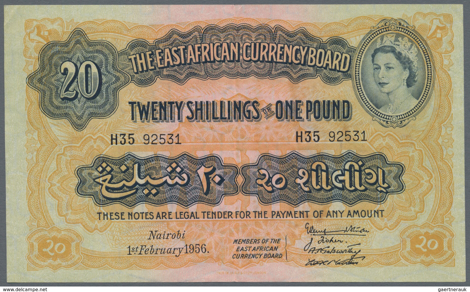 East Africa / Ost-Afrika: The East African Currency Board 20 Shillings 1956, Queen Elizabeth II At R - Otros – Africa
