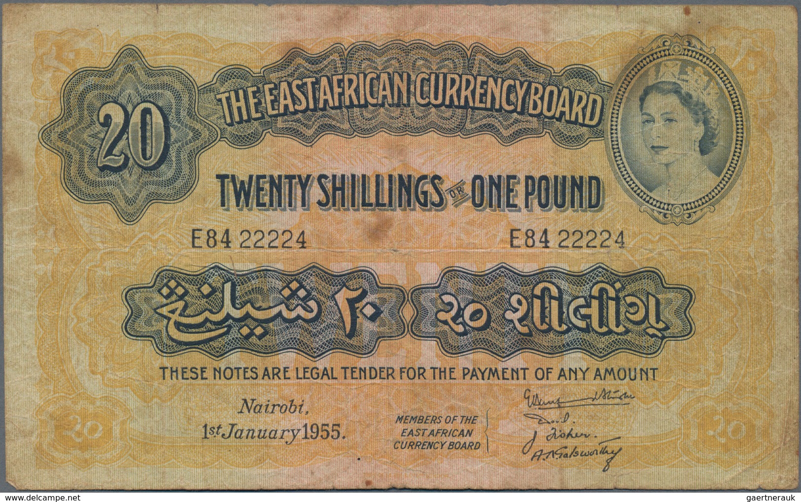 East Africa / Ost-Afrika: The East African Currency Board 20 Shillings 1955, P.35, Rare Banknote Wit - Sonstige – Afrika