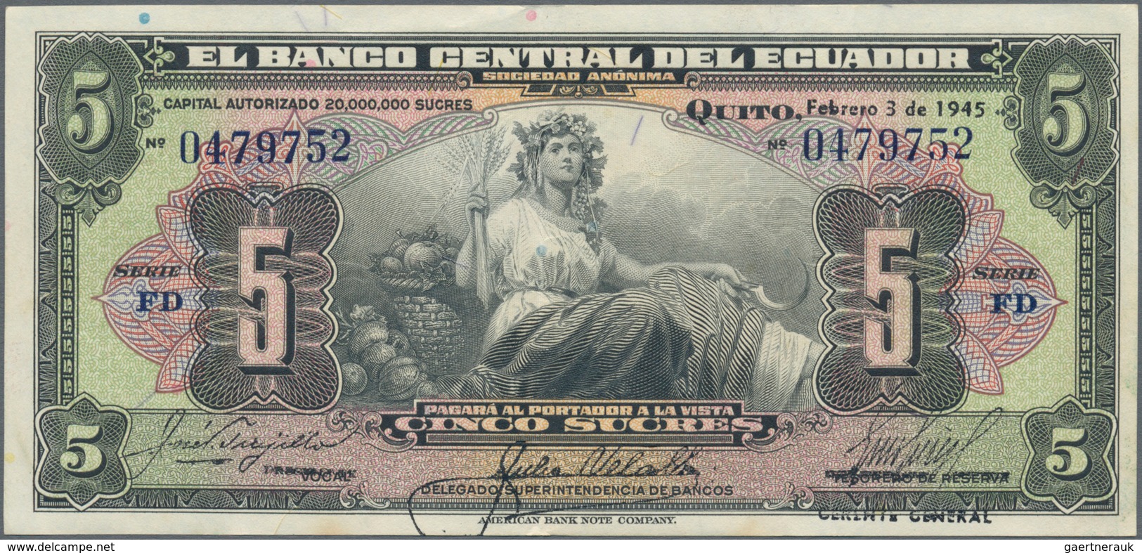 Ecuador: El Banco Central Del Ecuador 5 Sucres 1938 P.84d (VF), 5 Sucres 1945 P.91b (VF+) And Banco - Ecuador