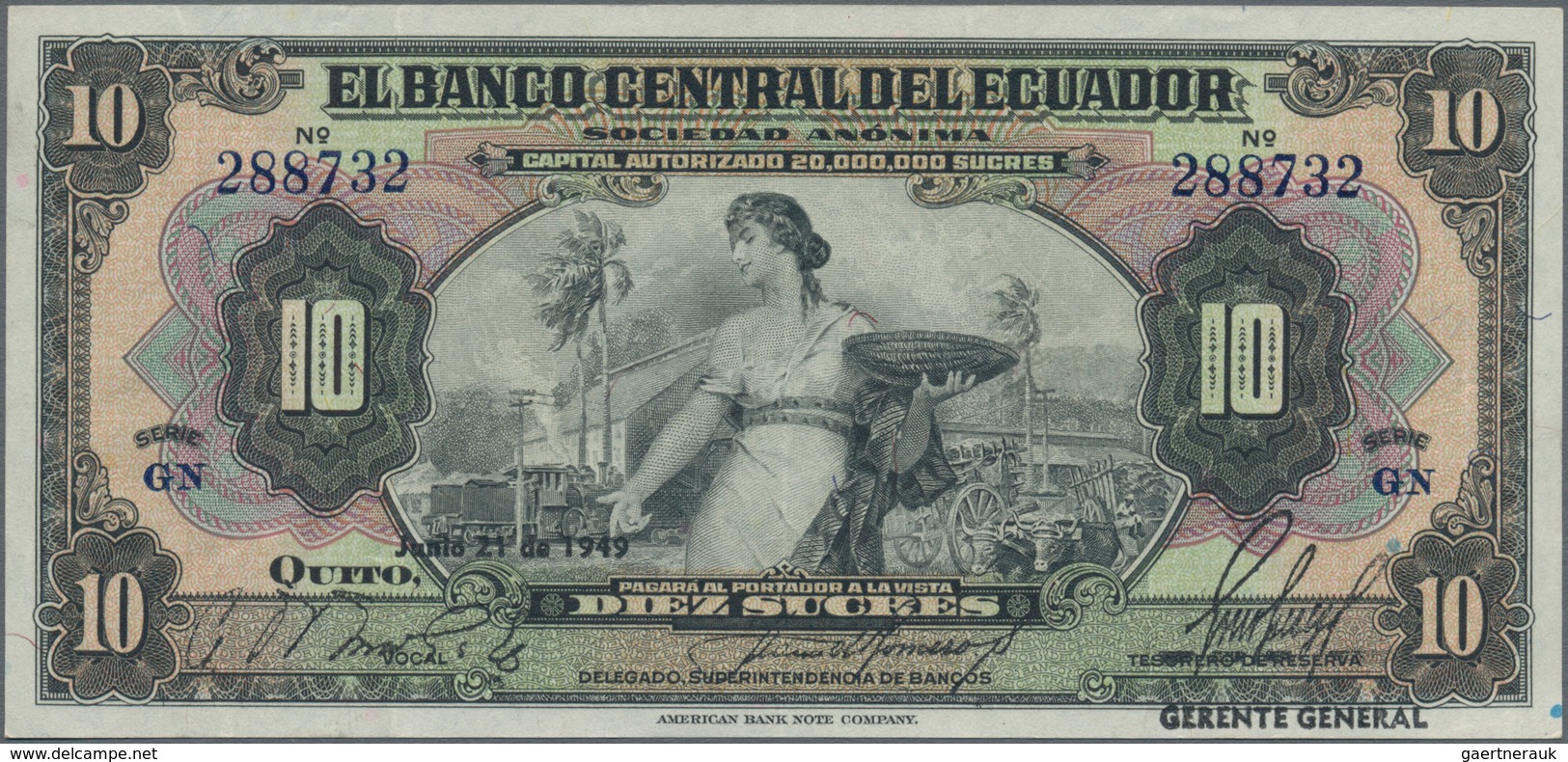 Ecuador: El Banco Central Del Ecuador 10 Sucres 1949 With Text "Capital Autorizado 20.000.000 Sucres - Ecuador