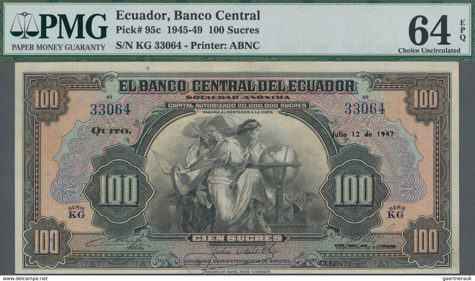 Ecuador: El Banco Central Del Ecuador 100 Sucres 1947, P.95c In UNC, PMG Graded 64 Choice Uncirculat - Ecuador