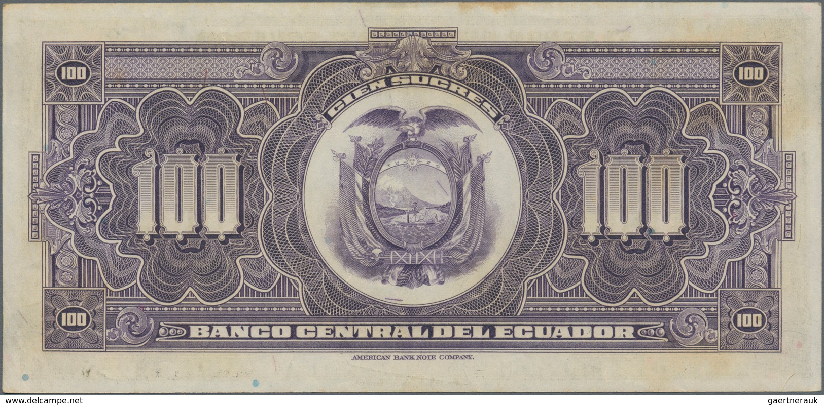 Ecuador: El Banco Central Del Ecuador 100 Sucres 1947 With Text "Capital Autorizado 20.000.000 Sucre - Ecuador