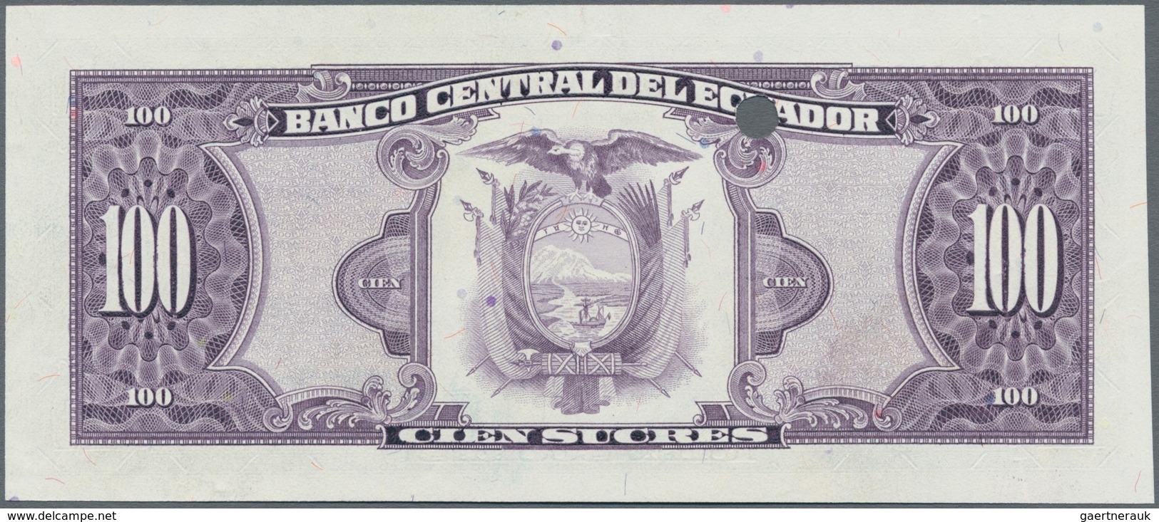 Ecuador: Banco Central Del Ecuador 100 Sucres 1988-97 PROOF, P.123Ap, Vertical Fold At Left Center O - Ecuador