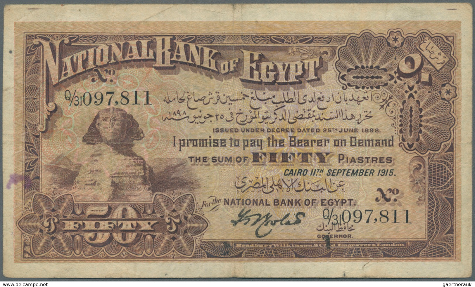 Egypt / Ägypten:  National Bank Of Egypt 50 Piastres September 11th 1915, P.11, Lightly Toned Paper - Egypte