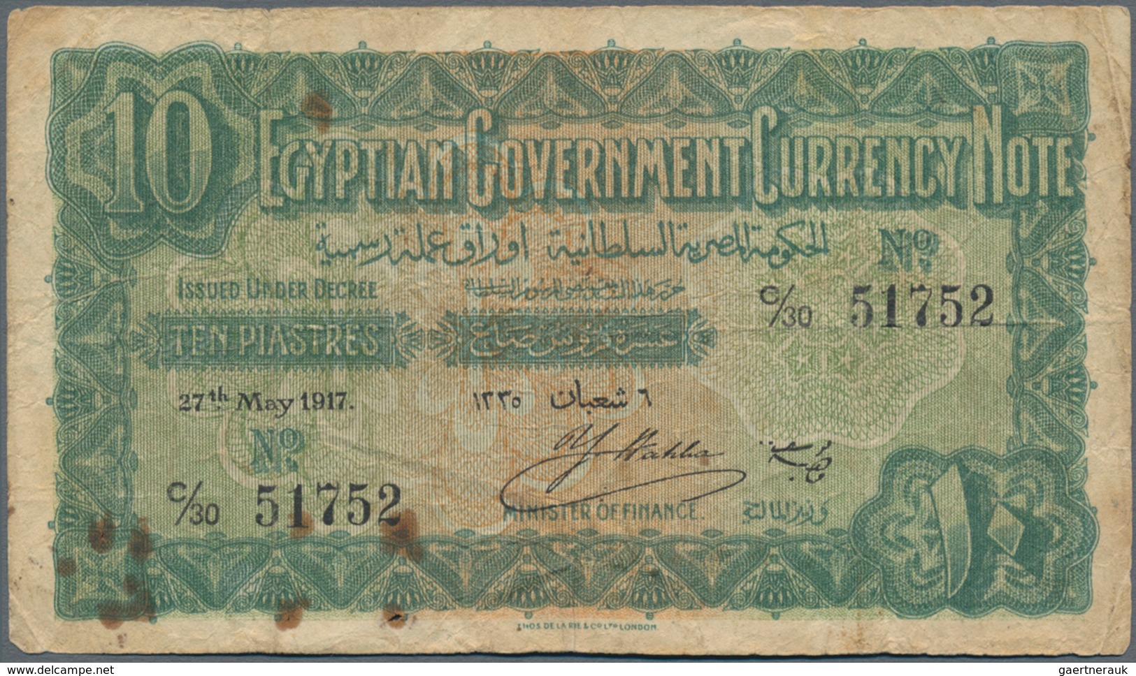 Egypt / Ägypten: Government Of Egypt 10 Piastres May 27th 1917, P.160b, Some Rusty Spots And Holes. - Aegypten