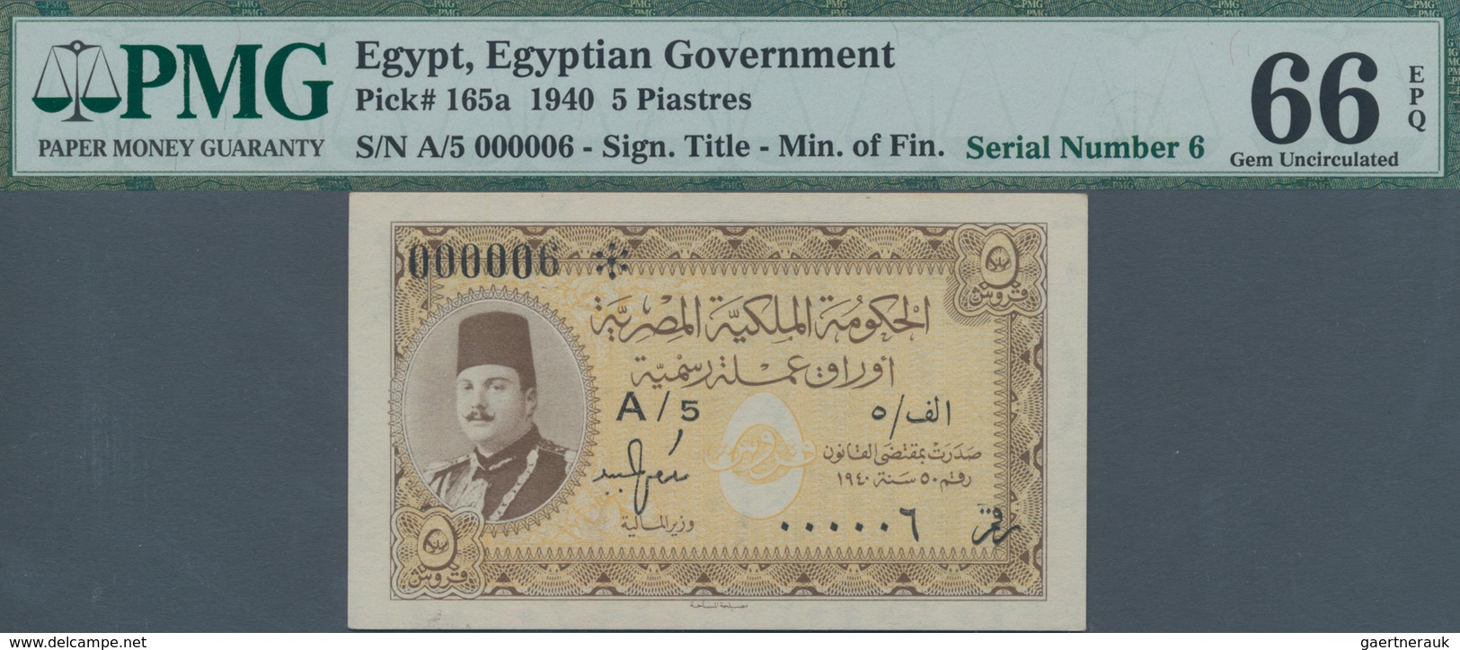 Egypt / Ägypten: Egyptian Government 5 Piastres 1940, P.165a With Serial Number A/5 000006 In Perfec - Egipto