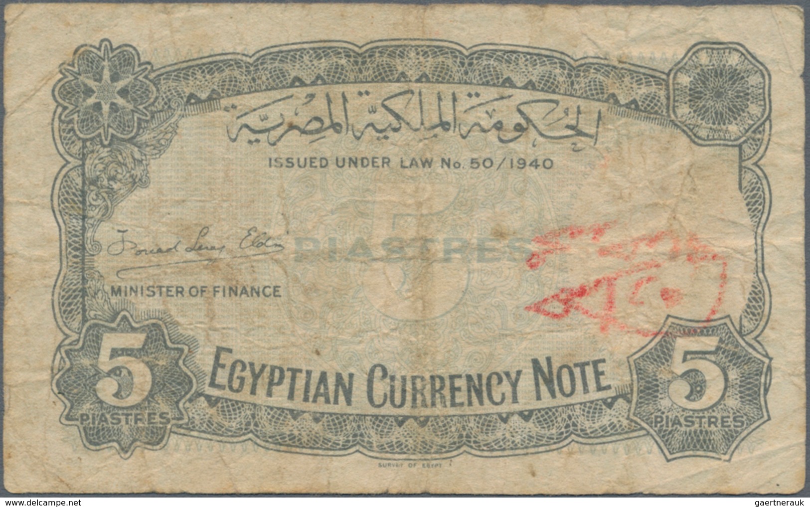 Egypt / Ägypten: 5 Piastres ND(1940), P.165a, Graffiti On Back, Lightly Stained, Condition: F - Egypte