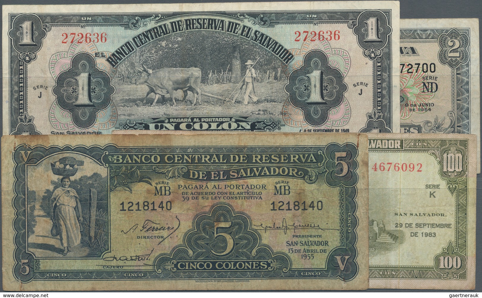 El Salvador: Nice Set With 4 Banknotes Containing 1 Colon 1949 P.83a (VF), 2 Colones 1964 P.101 (F+) - El Salvador