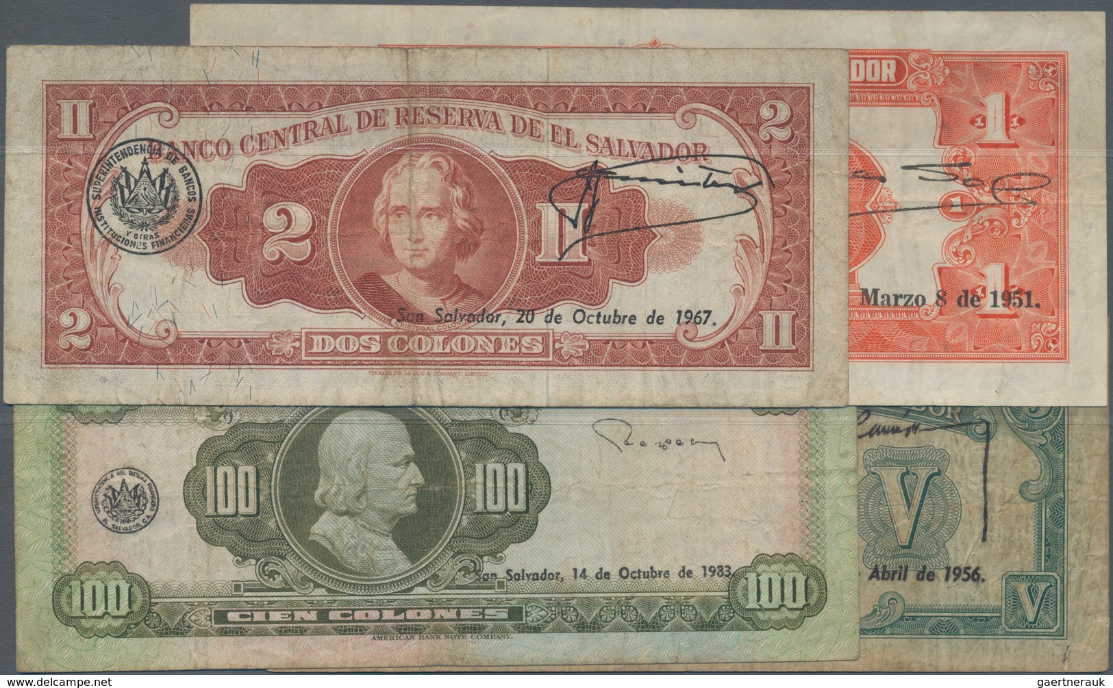 El Salvador: Nice Set With 4 Banknotes Containing 1 Colon 1949 P.83a (VF), 2 Colones 1964 P.101 (F+) - Salvador