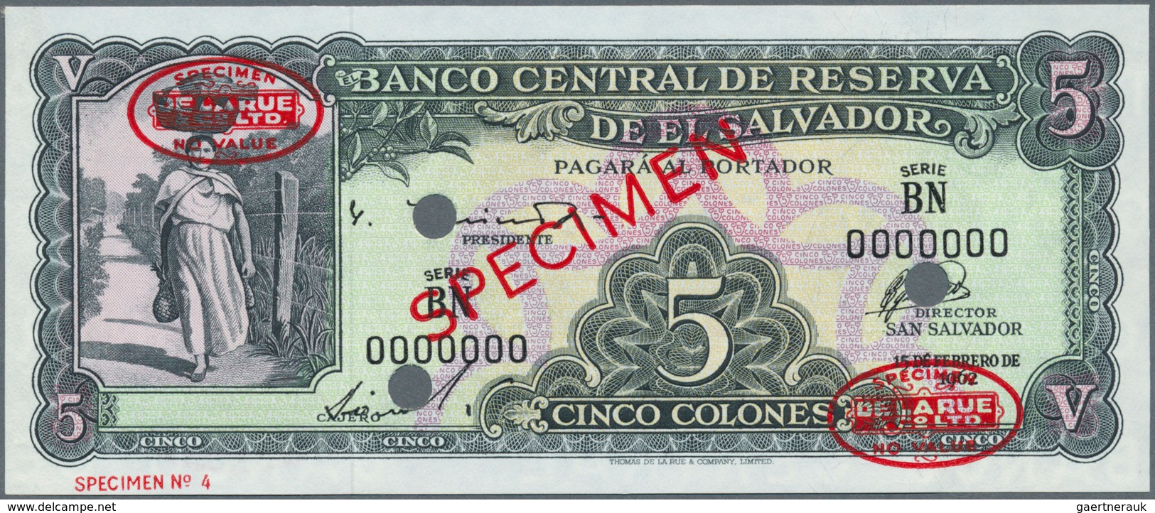 El Salvador:  Banco Central De Reserva De El Salvador 5 Colones 1962 SPECIMEN, P.102as With Two Oval - El Salvador
