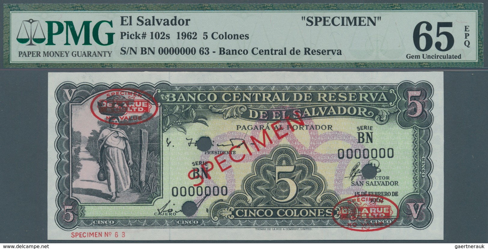 El Salvador: Banco Central De Reserva De El Salvador 5 Colones 1962 SPECIMEN, P.102s, PMG Graded 65 - Salvador