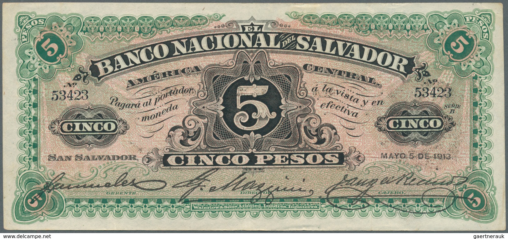 El Salvador: Banco Nacional Del Salvador 5 Pesos 1913, P.S162c, Some Soft Vertical Folds And Minor O - El Salvador