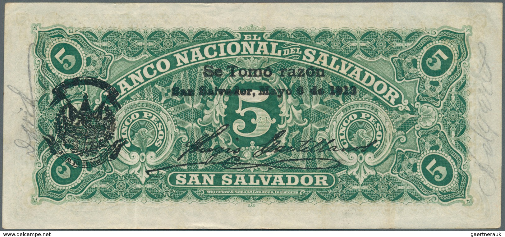 El Salvador: Banco Nacional Del Salvador 5 Pesos 1913, P.S162c, Some Soft Vertical Folds And Minor O - El Salvador