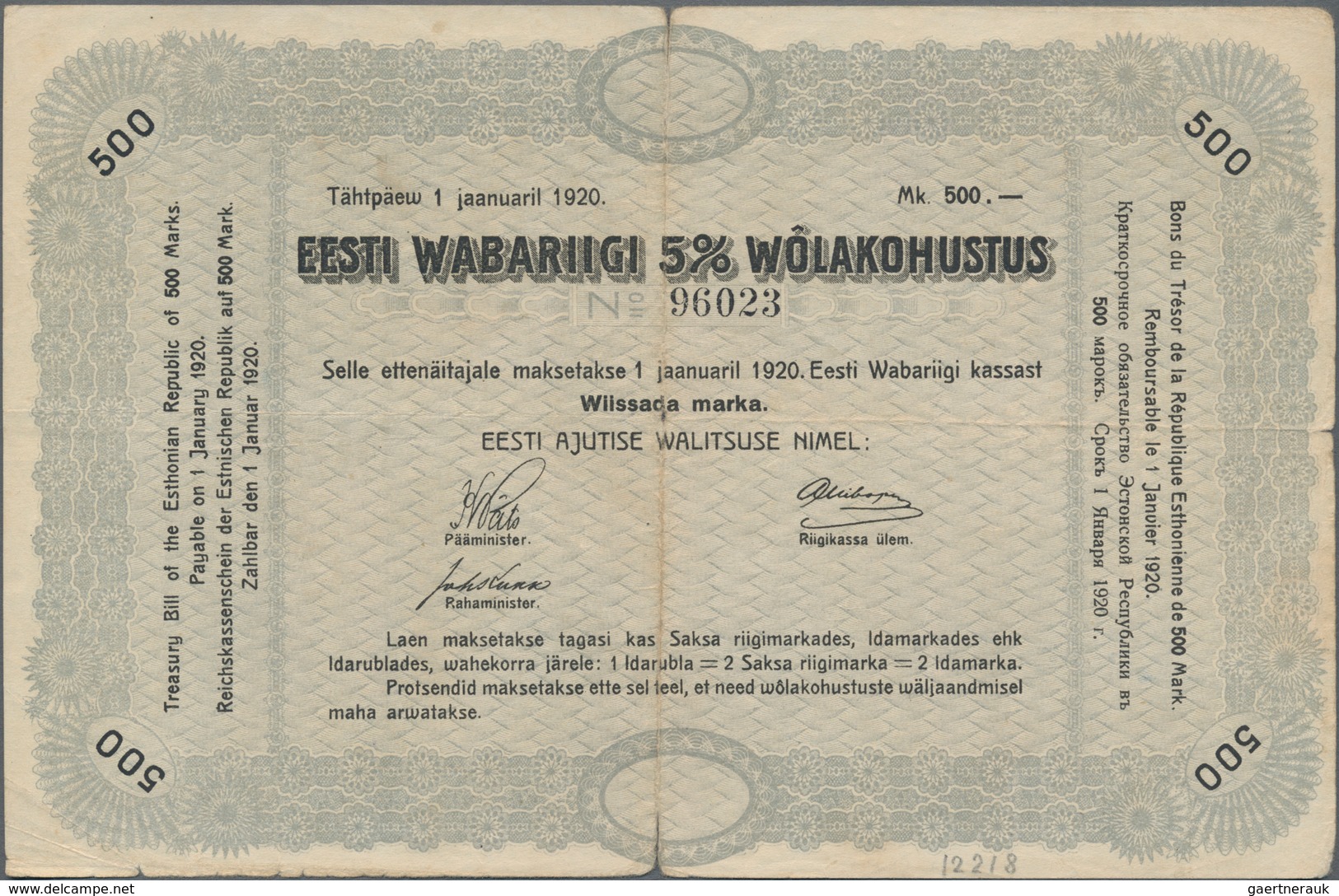 Estonia / Estland: Eesti Wabariigi 500 Marka January 1st 1920, P.34, Still Great Condition For This - Estland
