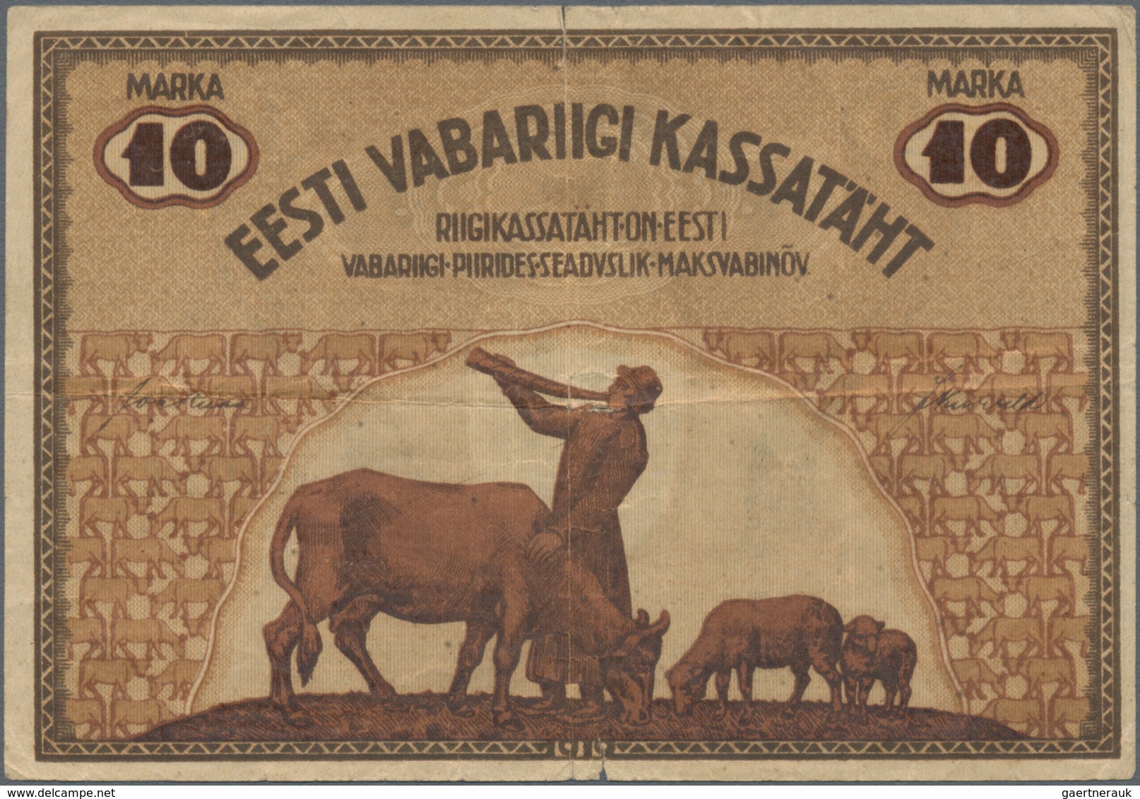 Estonia / Estland: Eesti Vabariigi 10 Marka 1919, P.46a, Small Border Tears And Tiny Hole At Center. - Estland