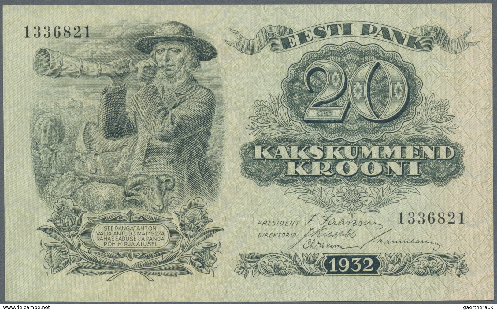 Estonia / Estland: Very nice set with 6 Banknotes series 1928-37 with 10 Krooni 1928 in about F, 5 a